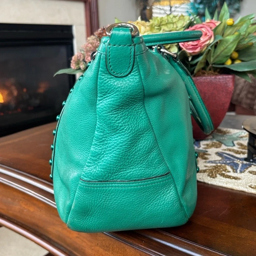 Coach Green Leather Handbag Central Satchel Rivet Leaf Enamel Studded